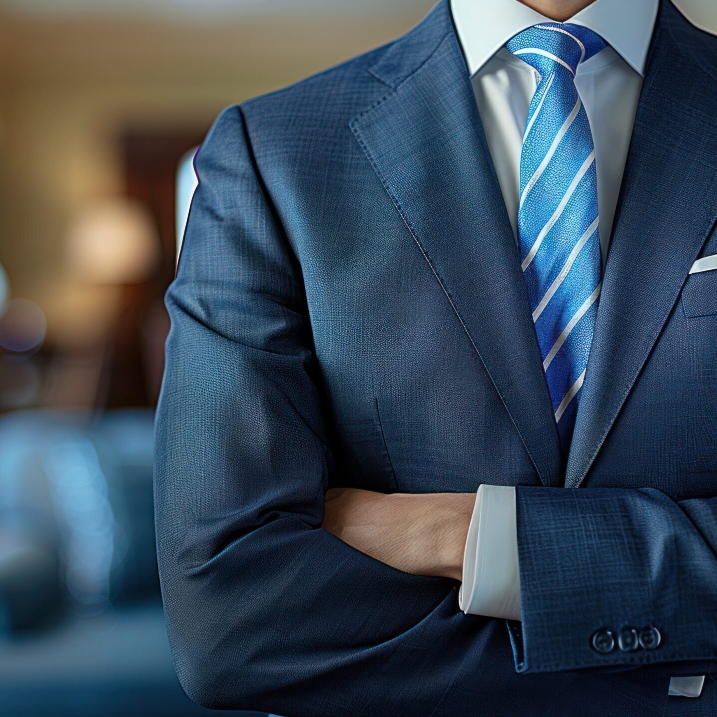 a close up of a person wearing a suit and tie with his arms crossed and a blue couch in the background. a close up of a person wearing a suit and tie with his arms crossed and a blue couch in the background.